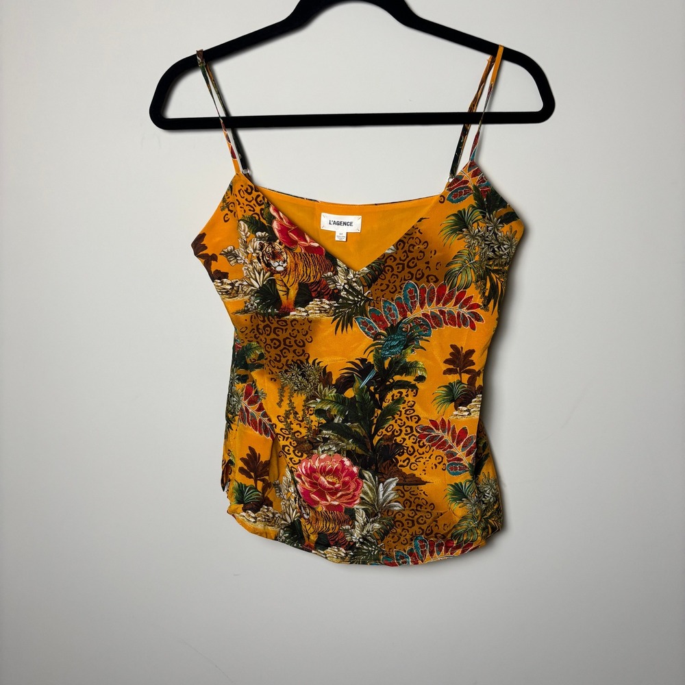 L'Agence Yellow Silk Tiger Floral Spaghetti V-Neck Jane Tops Womens Size Small